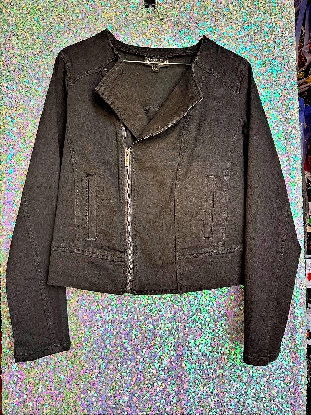 DG2 by Diane Gilman Classic Stretch Black Denim Collarless Moto Jacket